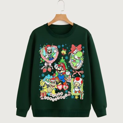 Watercolor Super Mario Christmas PNG, Coquette Bow PNG, Merry Christmas Mario Characters, Holiday Matching Gift