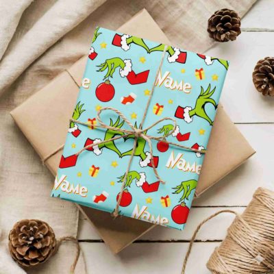 Grinch Face Pattern Wrapping Paper – Christmas Holiday Gift Wrap Roll, Funny Christmas Gift Wrap