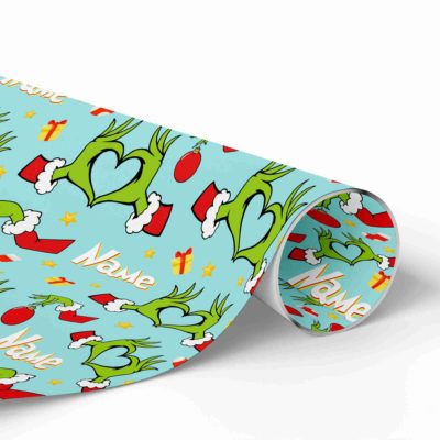 Grinch Face Pattern Wrapping Paper – Christmas Holiday Gift Wrap Roll, Funny Christmas Gift Wrap