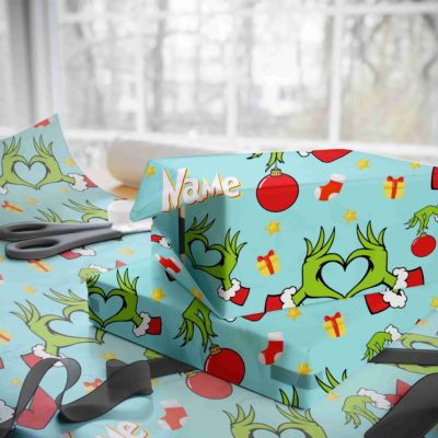 Grinch Face Pattern Wrapping Paper – Christmas Holiday Gift Wrap Roll, Funny Christmas Gift Wrap