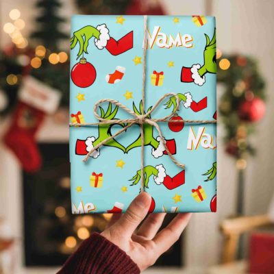 Grinch Face Pattern Wrapping Paper – Christmas Holiday Gift Wrap Roll, Funny Christmas Gift Wrap