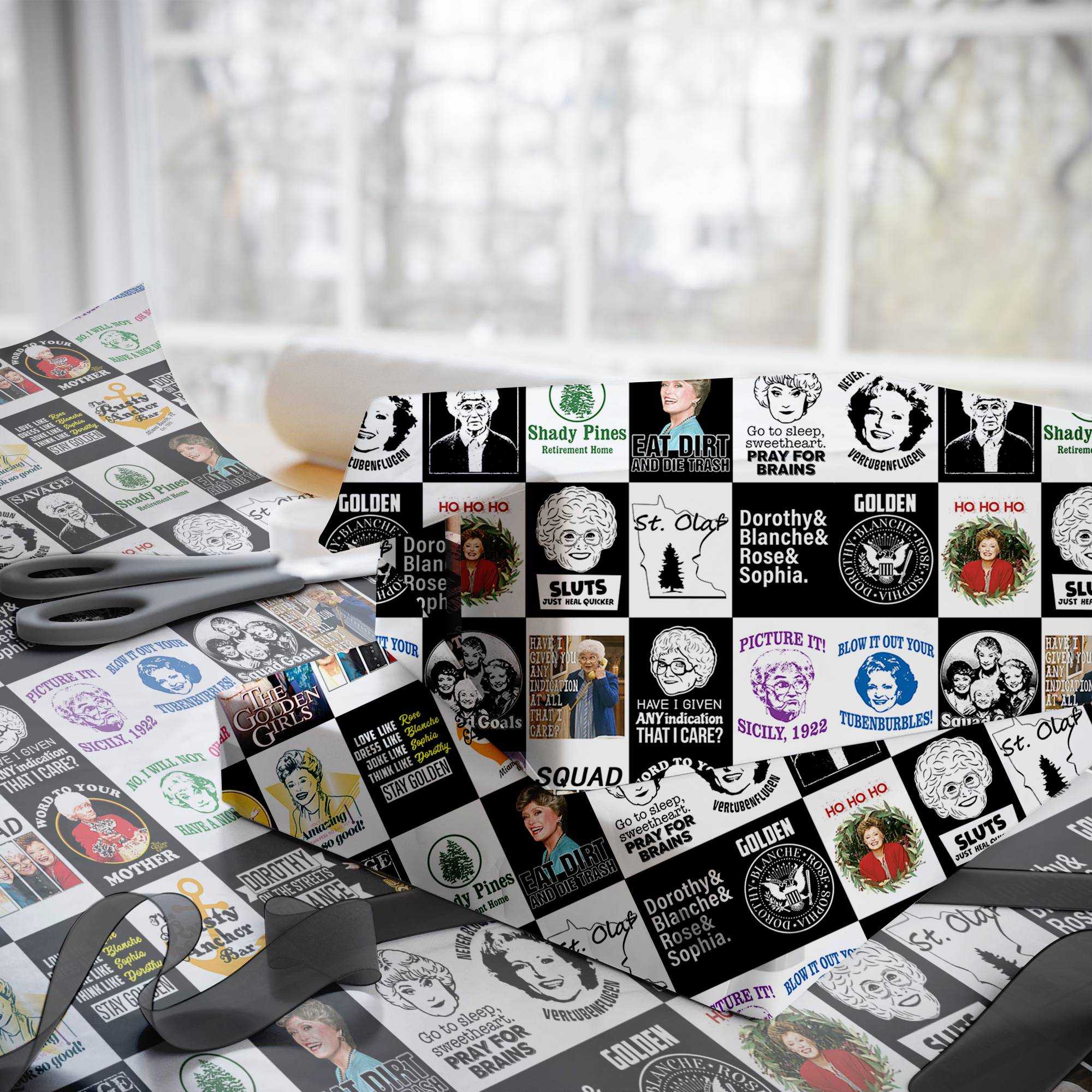 The Golden Girls Christmas Wrapping Paper – Funny 80s TV Show Holiday Gift Wrap with Sophia, Dorothy, Rose & Blanche The Golden Girls Christmas Wrapping Paper – Funny 80s TV Show Holiday Gift Wrap with Sophia, Dorothy, Rose & Blanche