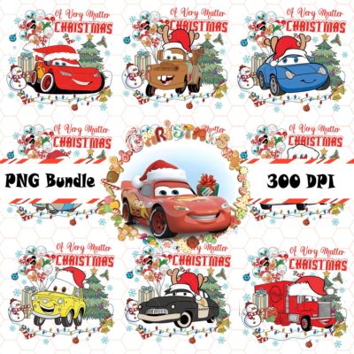 Merry Christmas Cars PNG Bundle – Lightning McQueen, Luigi & Cars Characters Holiday Family Matching Design