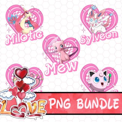 Pokemon Pink Doll Heart Style Bundle PNG – Mew Jigglypuff Skitty Milotic Sylveon, Valentine Anime Gift Download